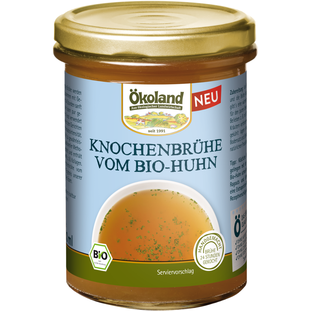 Ökoland Bio-Knochenbrühe vom Huhn im 380-ml-Glas mit neuem Etikett.