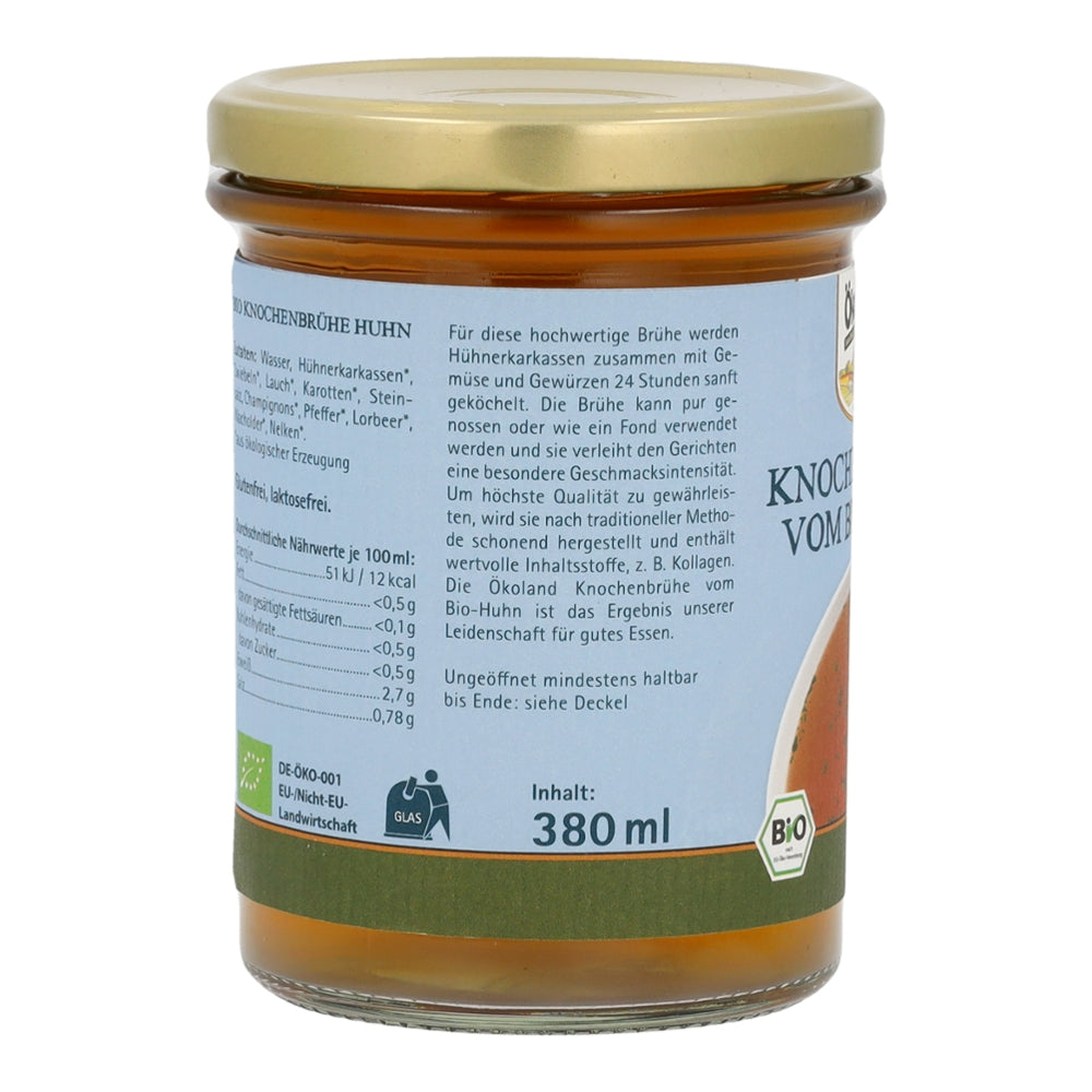 Seitenansicht des Ökoland Bio-Knochenbrühe-Glases mit Produktbeschreibung.