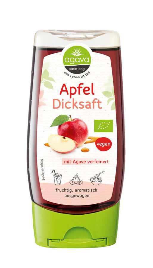 Agava Apfeldicksaft Bio in praktischer Dosierflasche – vegan, mit Agave verfeinert, fruchtig-aromatisch, ideal zum Süßen von Desserts, Müsli und Getränken.