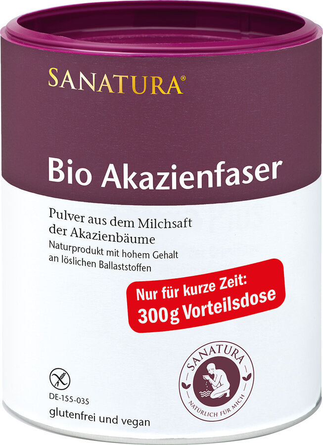 Sanatura Bio Akazienfaser Pulver 300g Vorteilsdose – hochwertiges Naturprodukt aus dem Milchsaft der Akazienbäume, reich an löslichen Ballaststoffen, glutenfrei und vegan in einer wiederverschließbaren Dose.