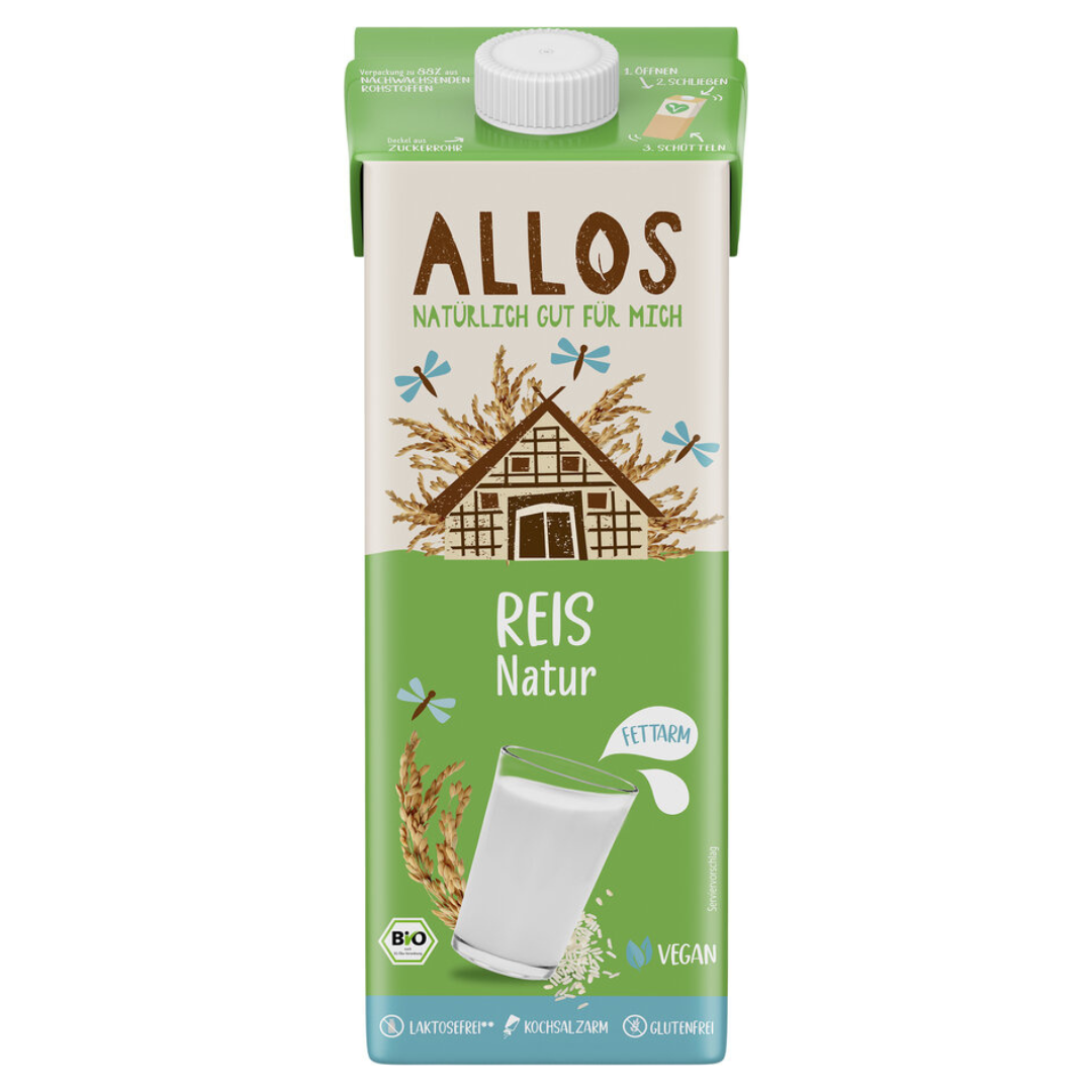 Allos Reis Drink Natur 1 Liter im Bio-Tetrapack – fettarmer, veganer Pflanzendrink ohne Zuckerzusatz