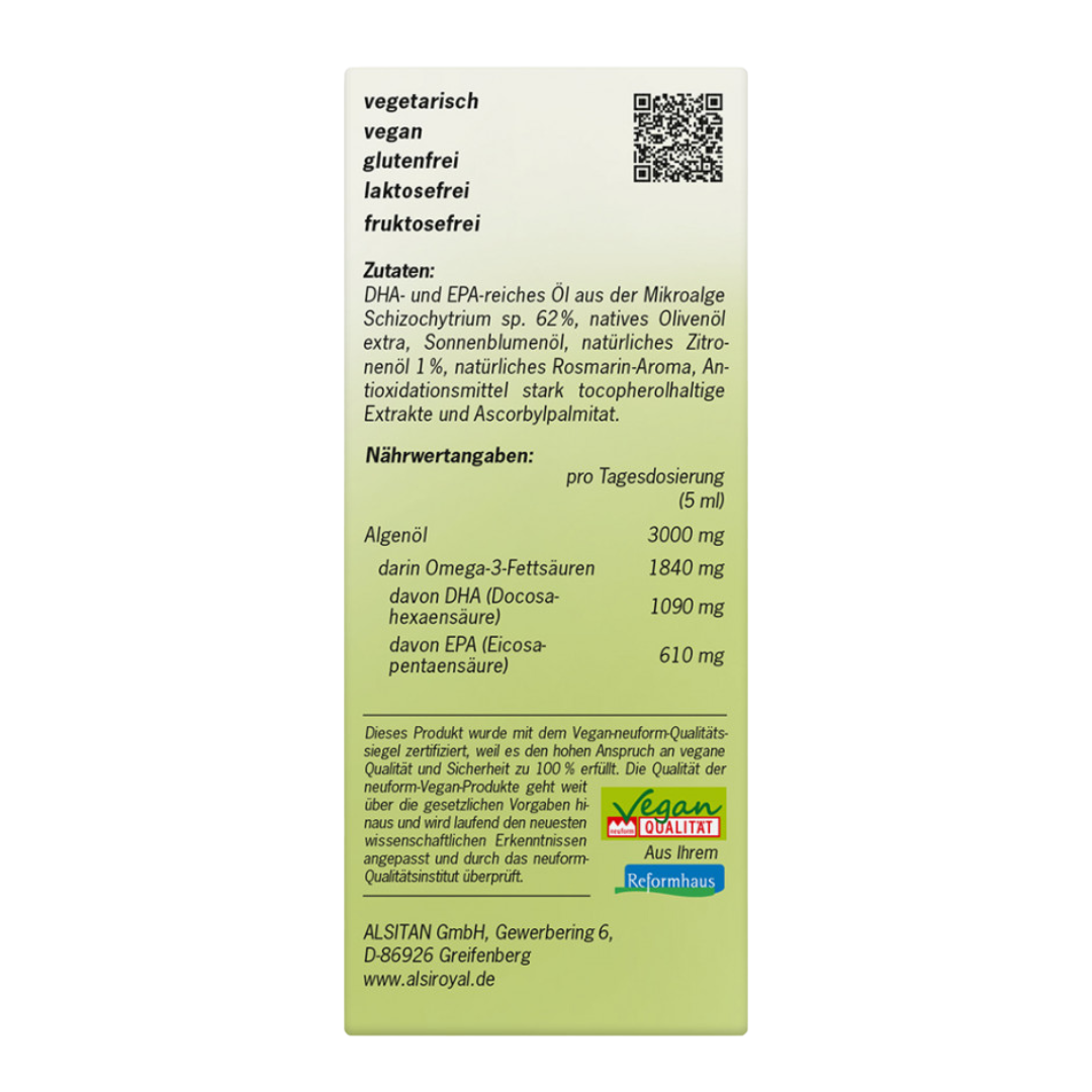 Rückseite der Verpackung von Alsiroyal Algenöl 3000 Omega-3 mit Verzehrempfehlung, Lagerhinweisen und Nährwertangaben.
