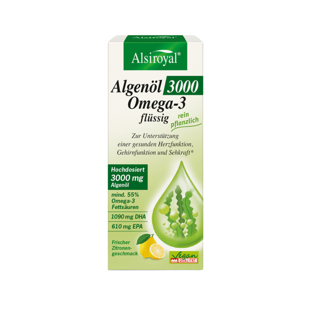 Alsiroyal Algenöl 3000 Omega-3 flüssig – 100 ml pflanzliches Omega-3-Öl mit DHA und EPA aus Mikroalgen, vegan mit Zitronengeschmack.