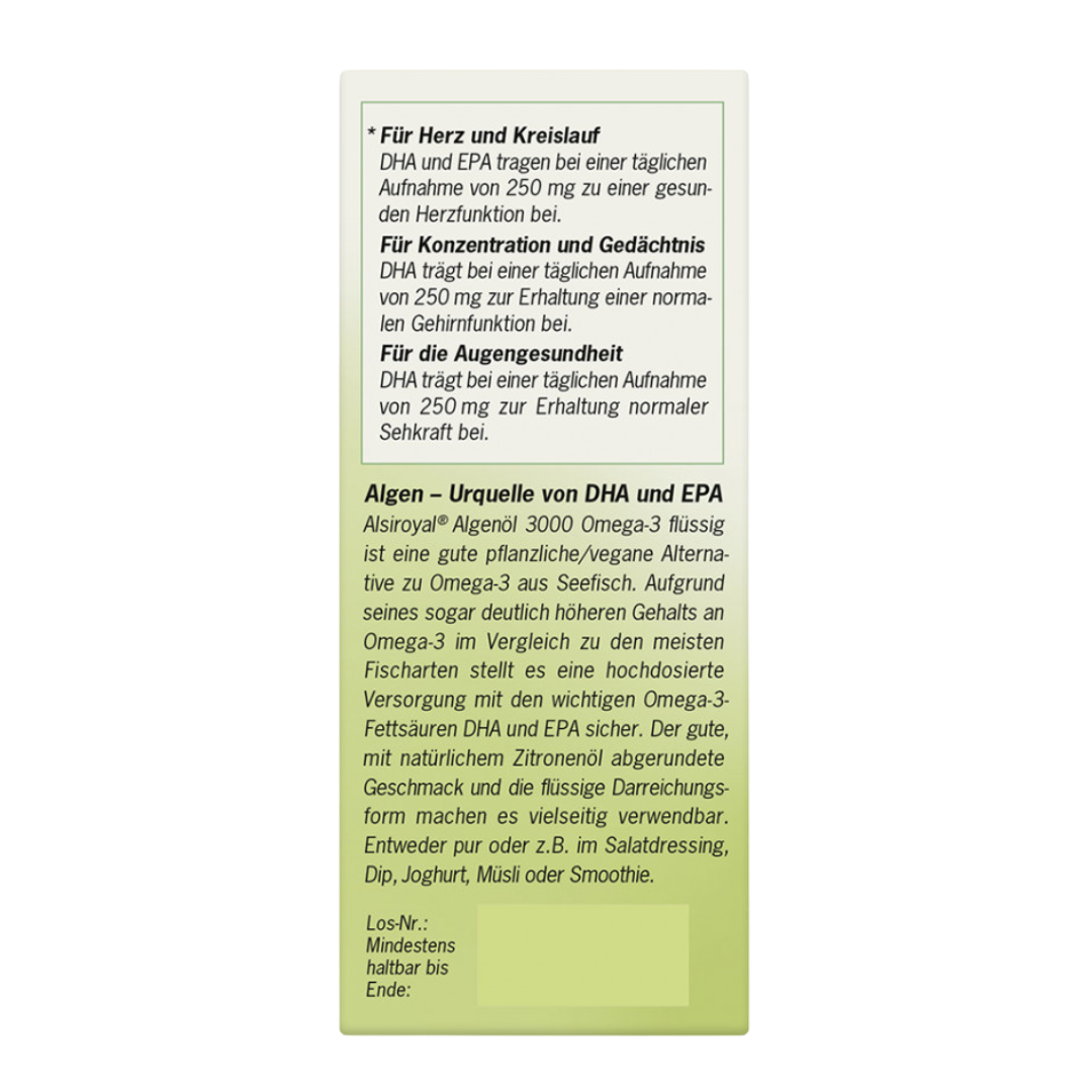 Seitliche Verpackung von Alsiroyal Algenöl 3000 Omega-3 mit Informationen zu DHA und EPA für Herz, Gehirn und Sehkraft sowie Vorteilen pflanzlicher Omega-3-Quellen.