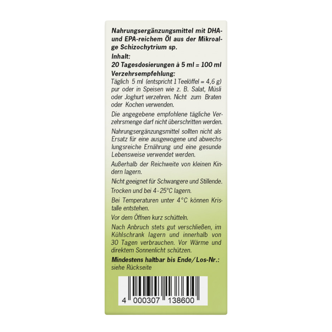 Seitliche Verpackung von Alsiroyal Algenöl 3000 Omega-3 mit Zutatenliste, Omega-3-Gehalt, DHA- und EPA-Werten sowie Zertifizierung durch das Vegan-Qualitätssiegel.