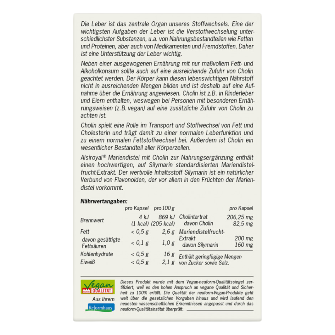 Rückseite der Verpackung von Alsiroyal Mariendistel Kapseln mit ausführlicher Produktbeschreibung, Nährwertangaben und Informationen zu Cholin und Silymarin.