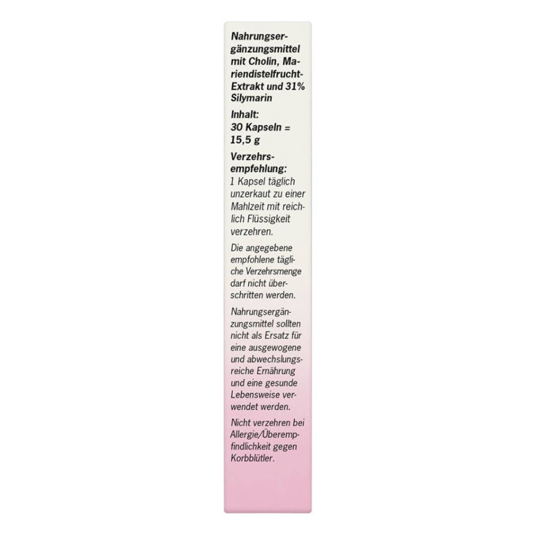 Seitenansicht der Verpackung von Alsiroyal Mariendistel Kapseln mit Verzehrempfehlung und Sicherheitshinweisen.