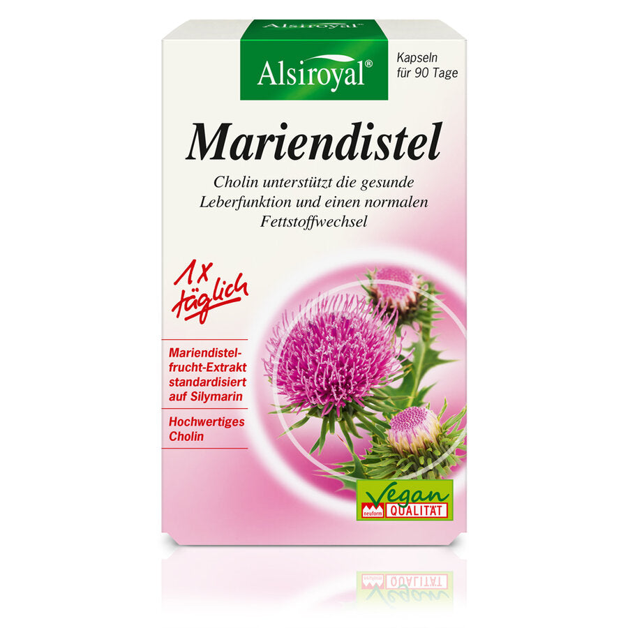 Vorderseite der Verpackung von Alsiroyal Mariendistel Kapseln (90 Stück) mit Cholin zur Unterstützung der Leberfunktion und des Fettstoffwechsels.