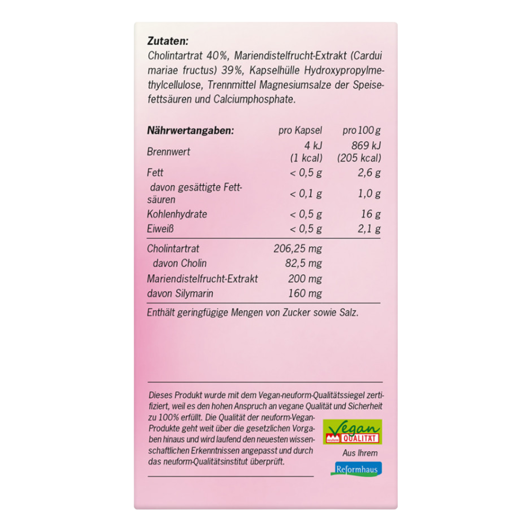 Seitenansicht der Verpackung von Alsiroyal Mariendistel Kapseln (90 Stück) mit Zutatenliste, Nährwertangaben und Zertifizierungsinformationen.