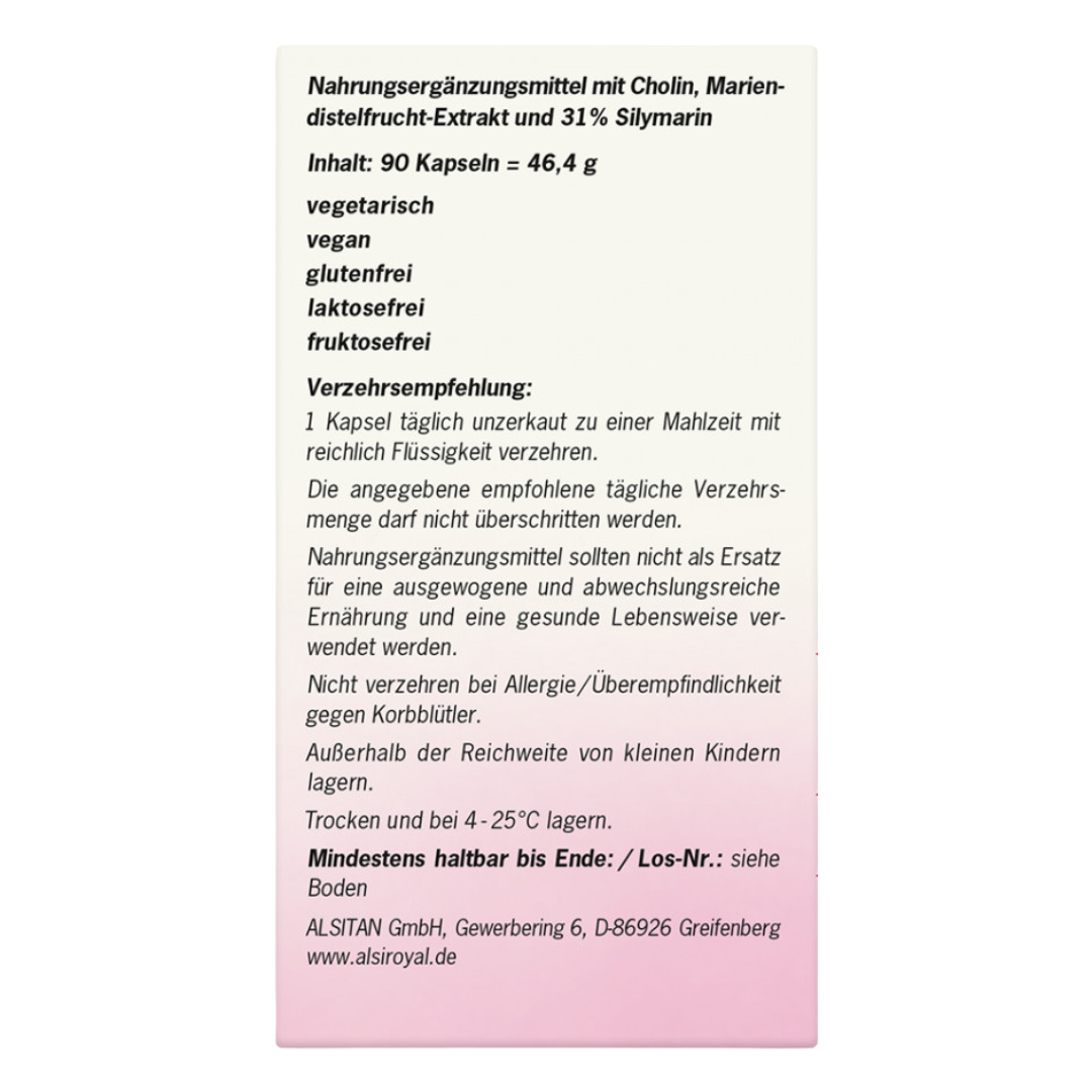 Seitenansicht der Verpackung von Alsiroyal Mariendistel Kapseln (90 Stück) mit ausführlicher Beschreibung zur Bedeutung von Cholin für den Stoffwechsel.