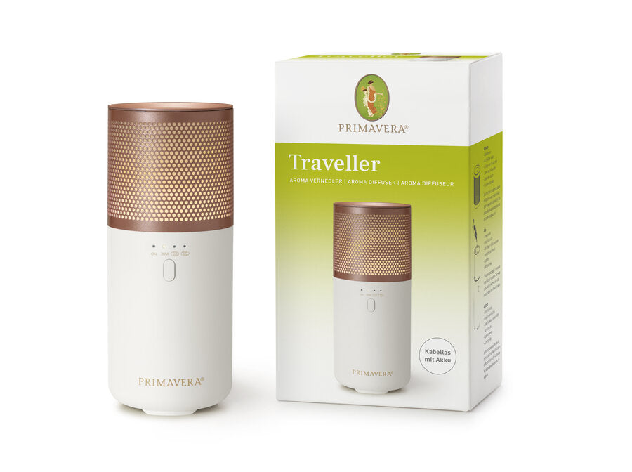 Primavera Aroma Vernebler Traveller – kabelloser Diffuser mit Akku in Weiß und Kupferoptik, inklusive Verpackung.