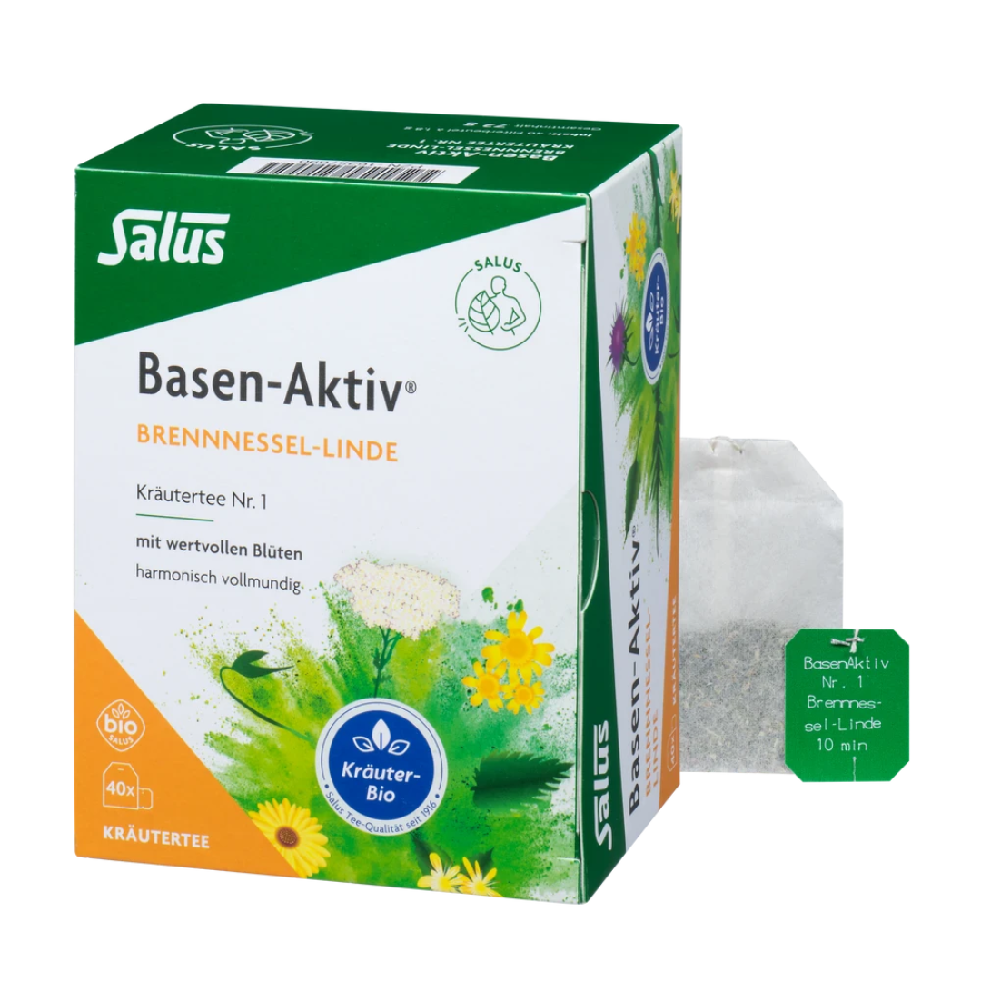 Salus Basen-Aktiv Brennnessel-Linde Bio-Kräutertee Nr. 1 Verpackung und Filterbeutel