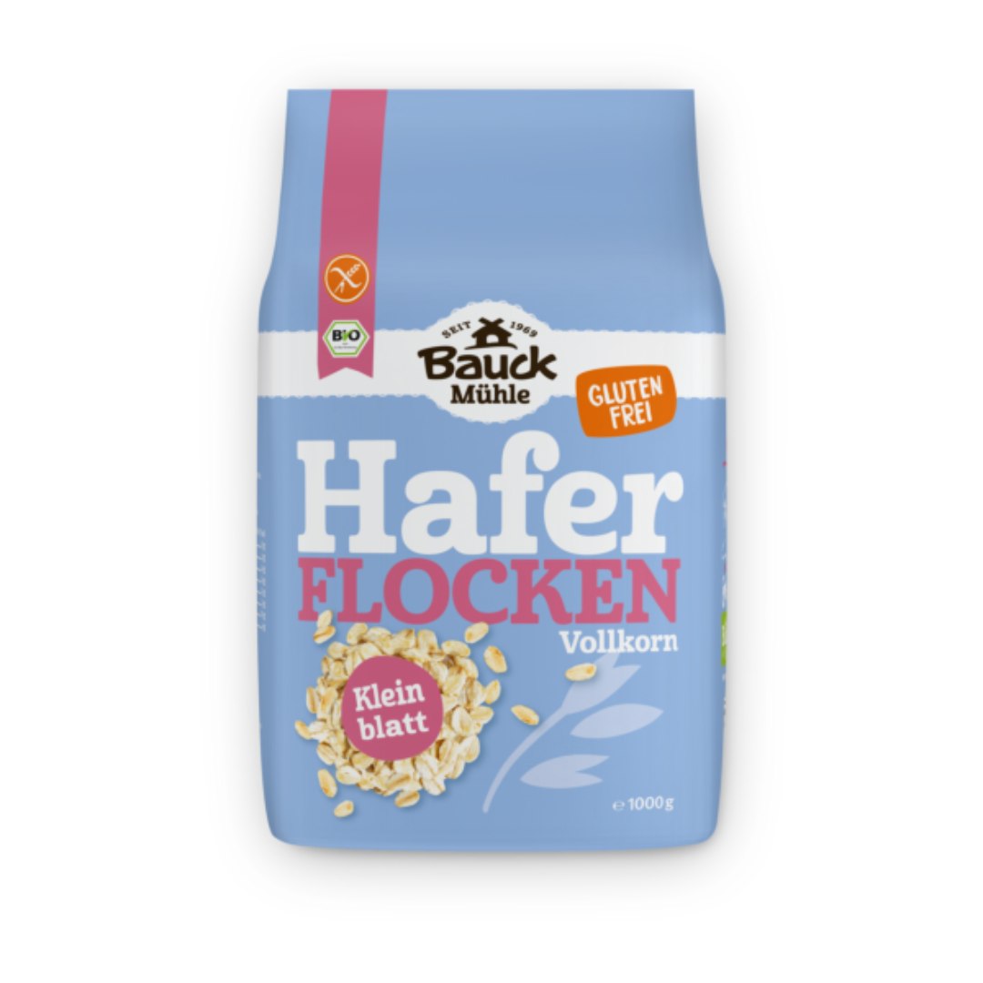 Bauck Mühle Haferflocken Vollkorn Kleinblatt glutenfrei 1 kg – Bio-Haferflocken im blauen Papierbeutel, für glutenfreie Ernährung geeignet