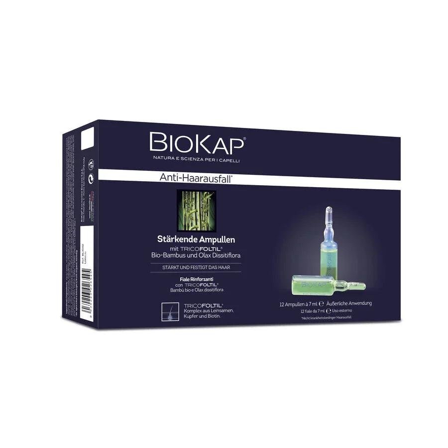 BioKap Anti-Haarausfall Ampullen mit TRICOFOLTIL – 12er Pack stärkende Haarampullen mit Bio-Bambus, Olax Dissitiflora, Linsenextrakt, Kupfer und Biotin zur äußerlichen Anwendung gegen Haarausfall.