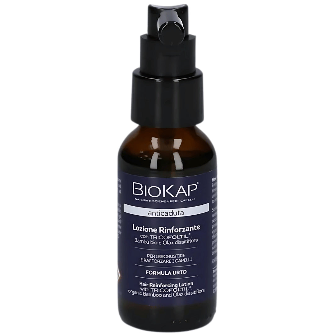 BioKap Anti-Haarausfall Lotion mit TRICOFOLTIL – 50 ml Braunglasflasche mit Pumpspender, stärkende Haarlotion mit Bio-Bambus, Olax Dissitiflora, Leinsamen, Kupfer und Biotin zur äußeren Anwendung.