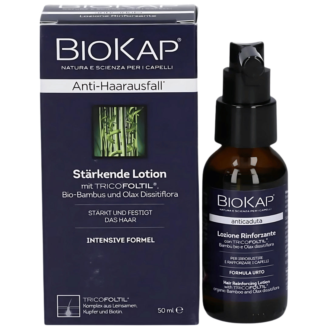 BioKap Anti-Haarausfall Stärkende Lotion mit TRICOFOLTIL – 50 ml Flasche mit Pumpspender und Umverpackung, mit Bio-Bambus, Olax Dissitiflora, Leinsamen, Kupfer und Biotin zur Kräftigung des Haares.