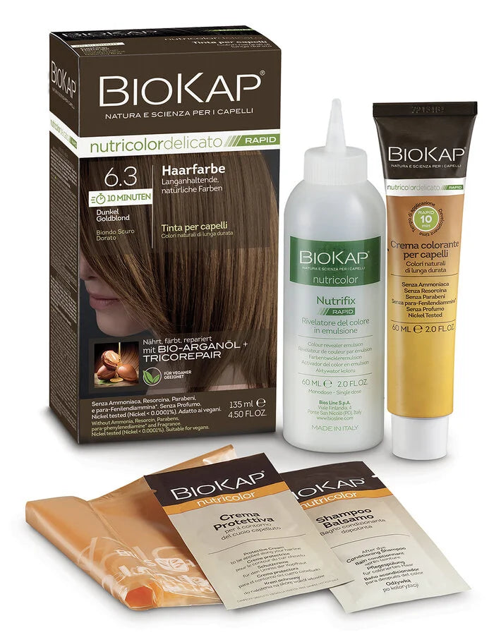 BioKap Rapid 6.3 Dunkel Goldblond Haarfarbe – Komplettset mit Farbcreme, Entwickler, Schutzcreme, Shampoo und Umhang, natürliche Haarfarbe mit Bio-Arganöl und Tricorepair, vegan und ohne Ammoniak.