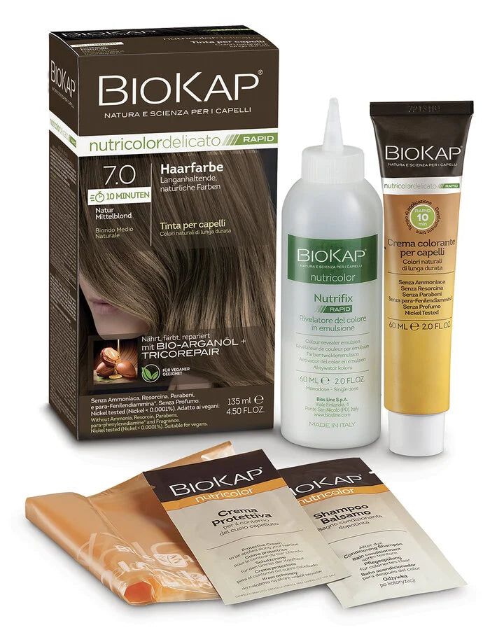BioKap Rapid 7.0 Natur Mittelblond Haarfarbe – Set mit Farbcreme, Entwickler, Schutzcreme, Shampoo und Umhang, natürliche Haarfarbe mit Bio-Arganöl und Tricorepair, vegan, ammoniakfrei und sanft zur Kopfhaut.