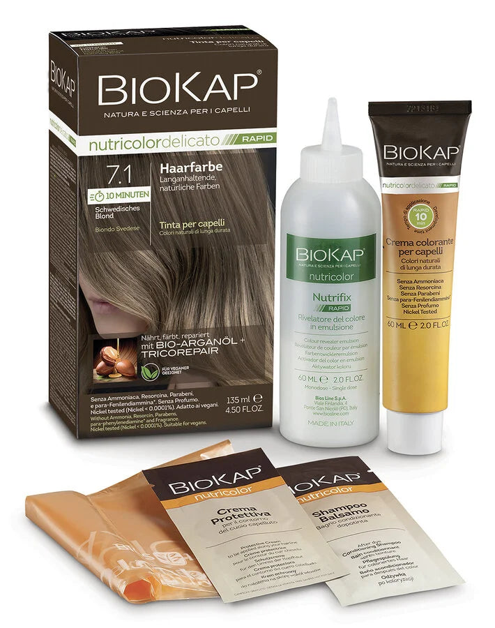 BioKap Rapid 7.1 Schwedisches Blond Haarfarbe – Komplettset mit Farbcreme, Entwickler, Schutzcreme, Shampoo und Umhang, natürliche Haarfarbe mit Bio-Arganöl und Tricorepair, vegan und ammoniakfrei.