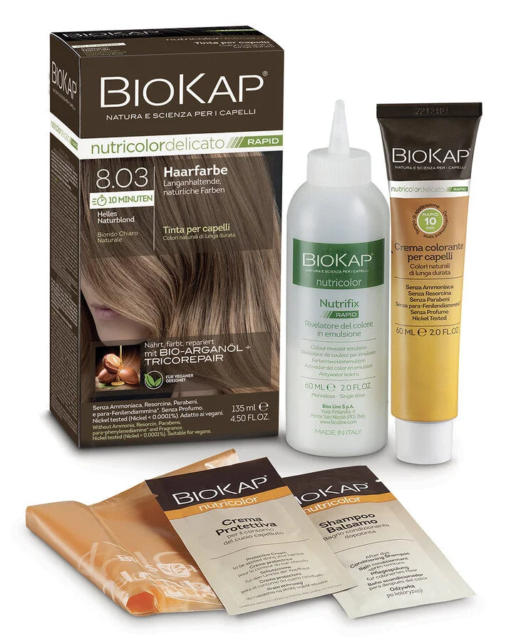 BioKap Rapid 8.03 Helles Naturblond Haarfarbe – Set mit Farbcreme, Entwickler, Schutzcreme, Shampoo und Umhang, natürliche Haarfarbe mit Bio-Arganöl und Tricorepair, vegan und frei von Ammoniak.