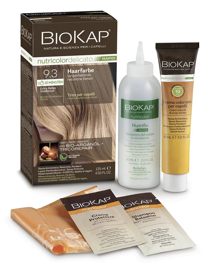 BioKap Rapid 9.3 Extra Helles Goldblond Haarfarbe – Set mit Farbcreme, Entwickler, Schutzcreme, Shampoo und Umhang, natürliche Haarfarbe mit Bio-Arganöl und Tricorepair, vegan, ohne Ammoniak und Parabene.