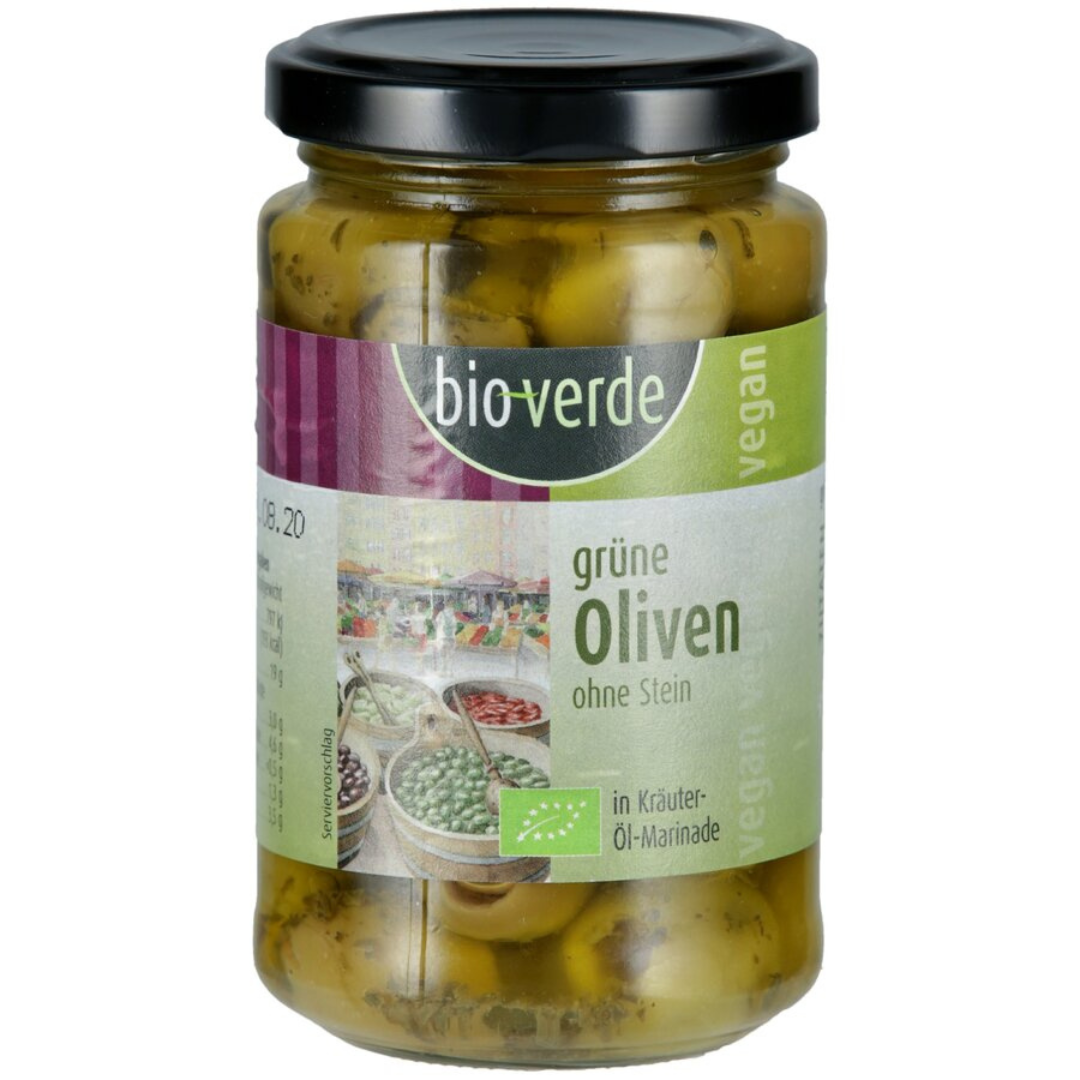 bio-verde Grüne Oliven ohne Stein – 200 g Glas in Kräuter-Öl-Marinade, vegan