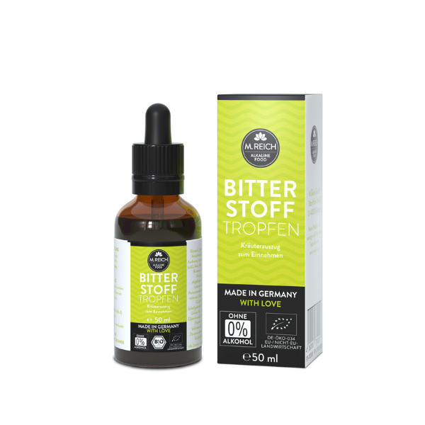 M. Reich Bitterstoff Tropfen – alkoholfreier Kräuterauszug zum Einnehmen, 50 ml Braunglasflasche mit Verpackung.