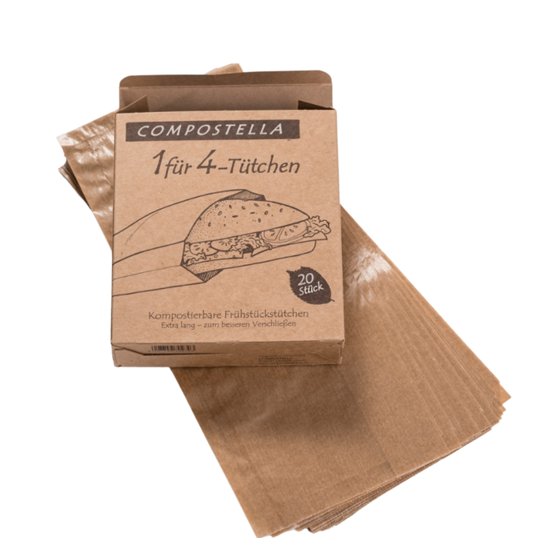 Compostella 1 für 4-Tütchen – kompostierbare Frühstücksbeutel im Karton, 20 Stück, umweltfreundlich und plastikfrei