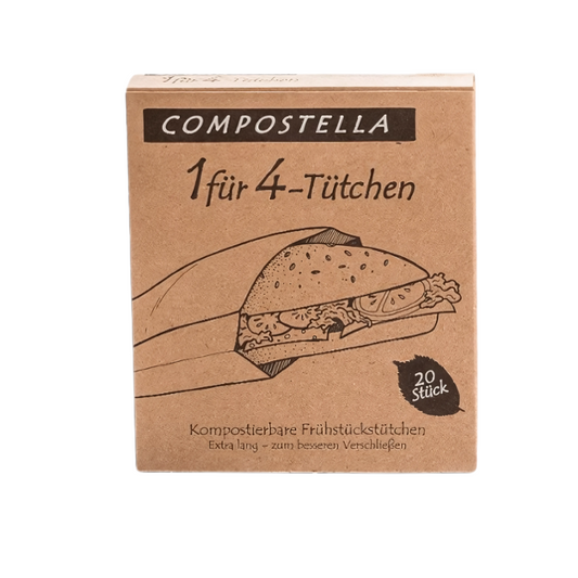 Compostella Packung „1 für 4-Tütchen“ mit Zeichnung eines belegten Brötchens – 100 % kompostierbare Tüten aus Papier, 20 Stück