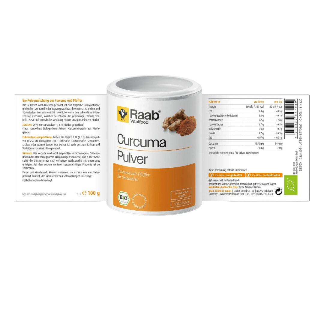 Raab Bio Curcuma Pulver 100 g – Naturland zertifiziertes Curcumapulver mit Pfeffer, ideal für Smoothies, Bio-Qualität, vegan und glutenfrei