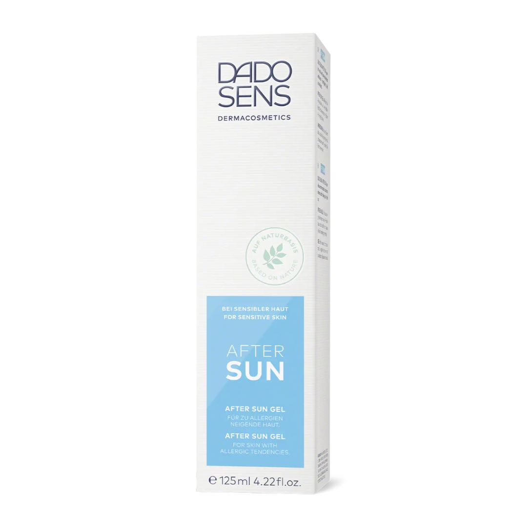 DADO SENS AFTER SUN Gel – Umverpackung mit Hinweis auf Naturbasis und Eignung für allergische Haut, 125 ml