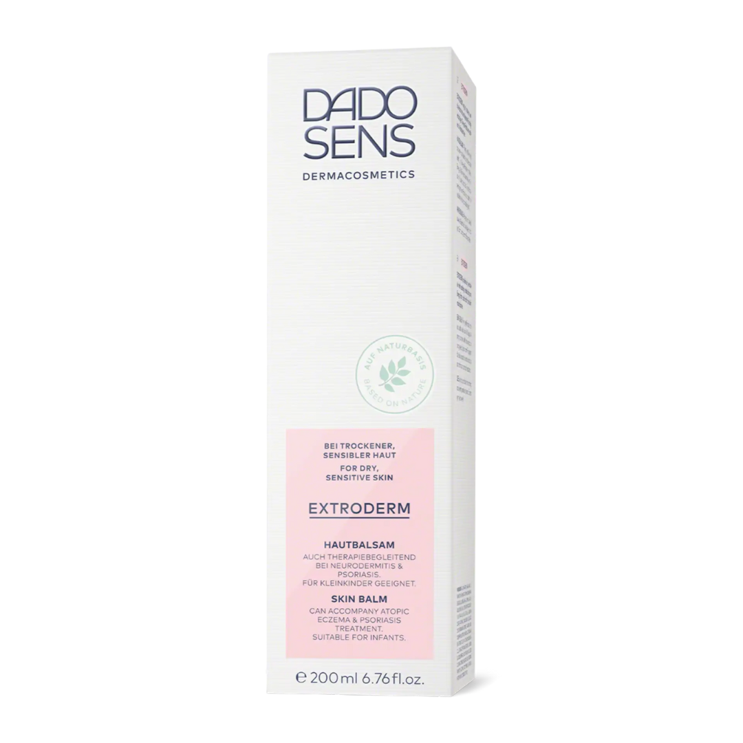 DADO SENS EXTRODERM Hautbalsam 200 ml – Faltschachtel mit Produktinformationen für die Pflege empfindlicher Haut