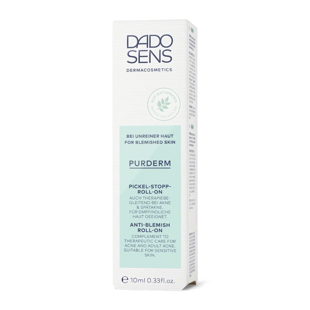DADO SENS PURDERM Pickel-Stopp Roll-On 10 ml – Umverpackung mit Anwendungshinweisen für empfindliche, zu Akne neigende Haut