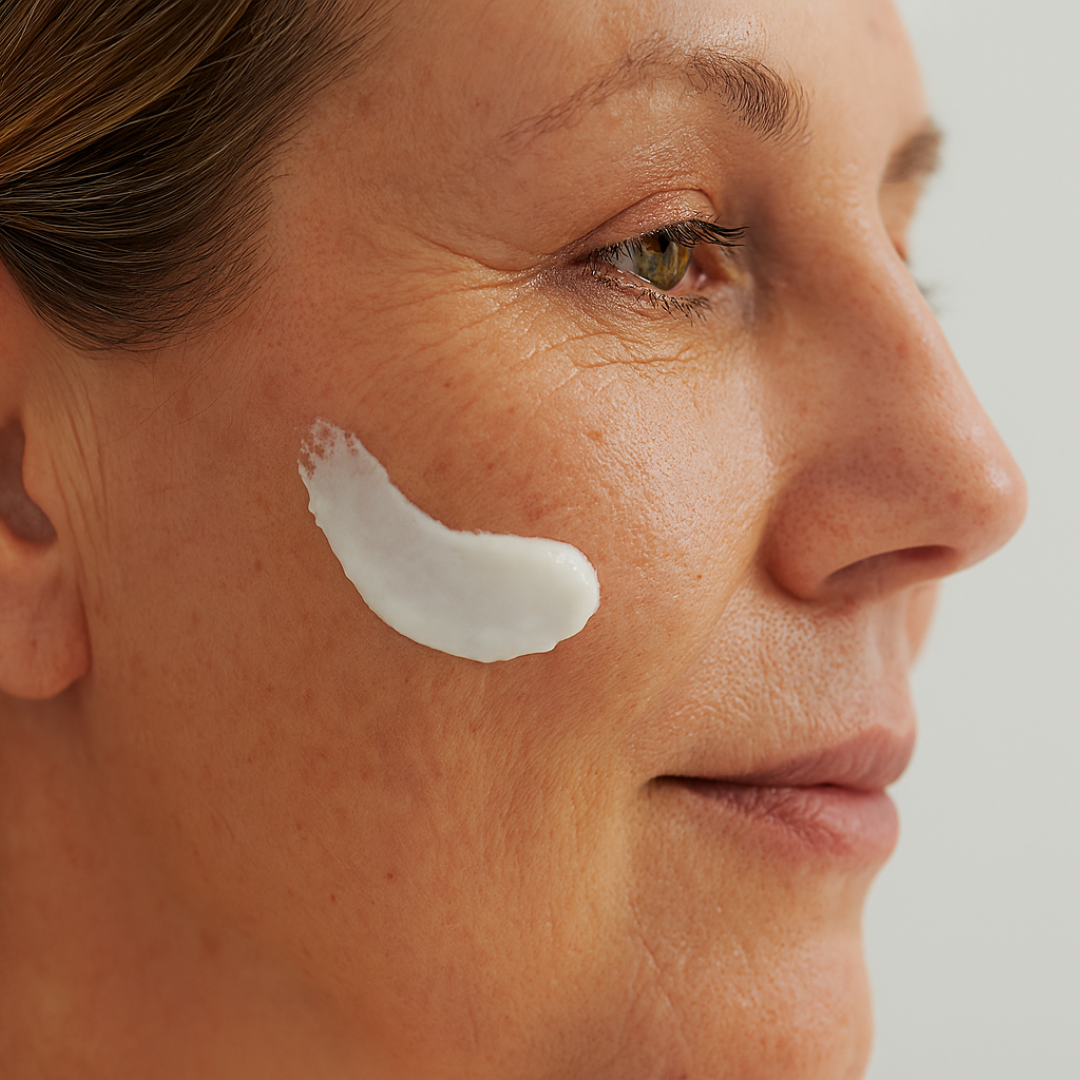 DADO SENS REGENERATION E Crememaske – Anwendung der reichhaltigen Maske auf der Wange einer reifen Frau