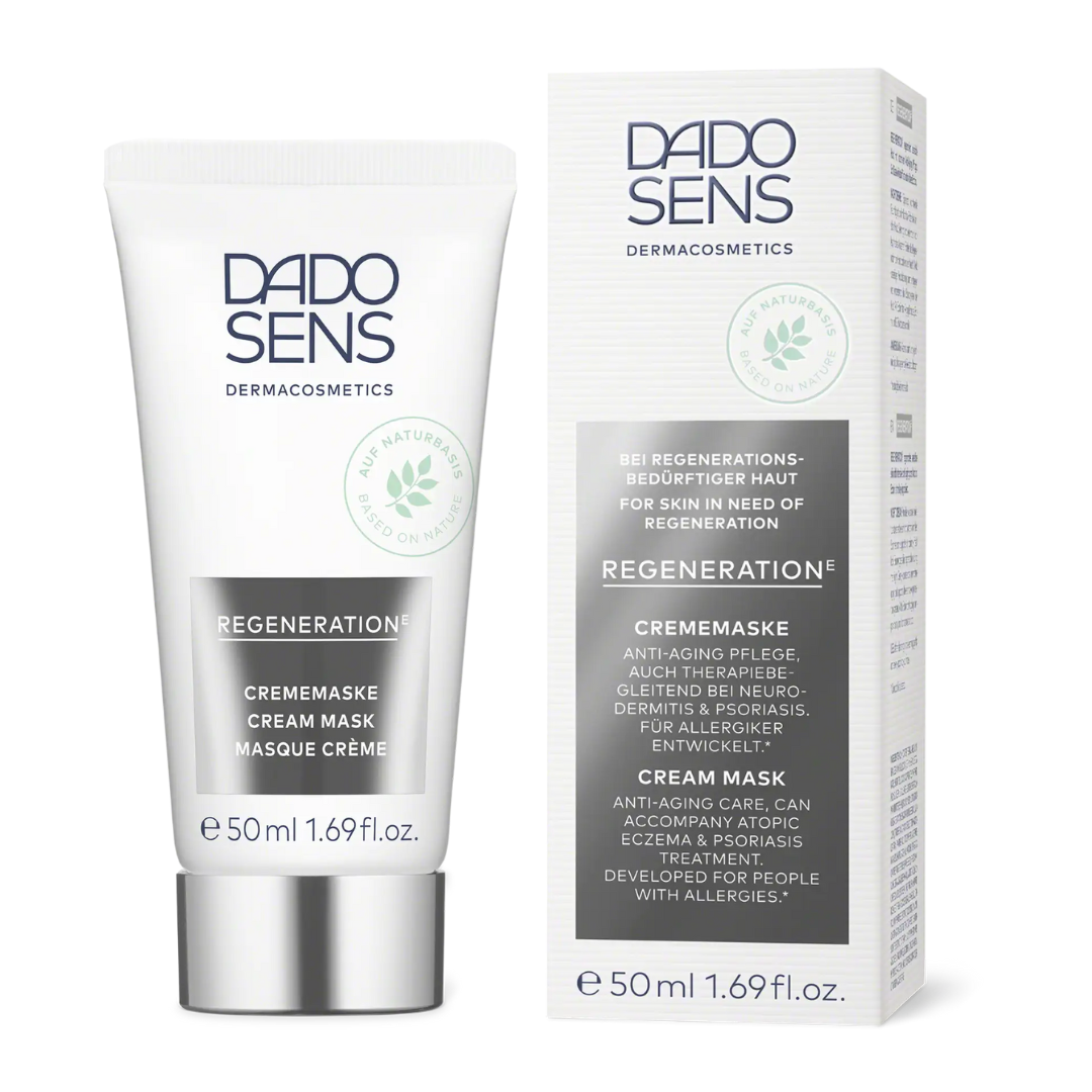 DADO SENS REGENERATION E Crememaske 50 ml – Produktabbildung mit Tube und Umverpackung, entwickelt für Neurodermitis- und Psoriasis-Haut
