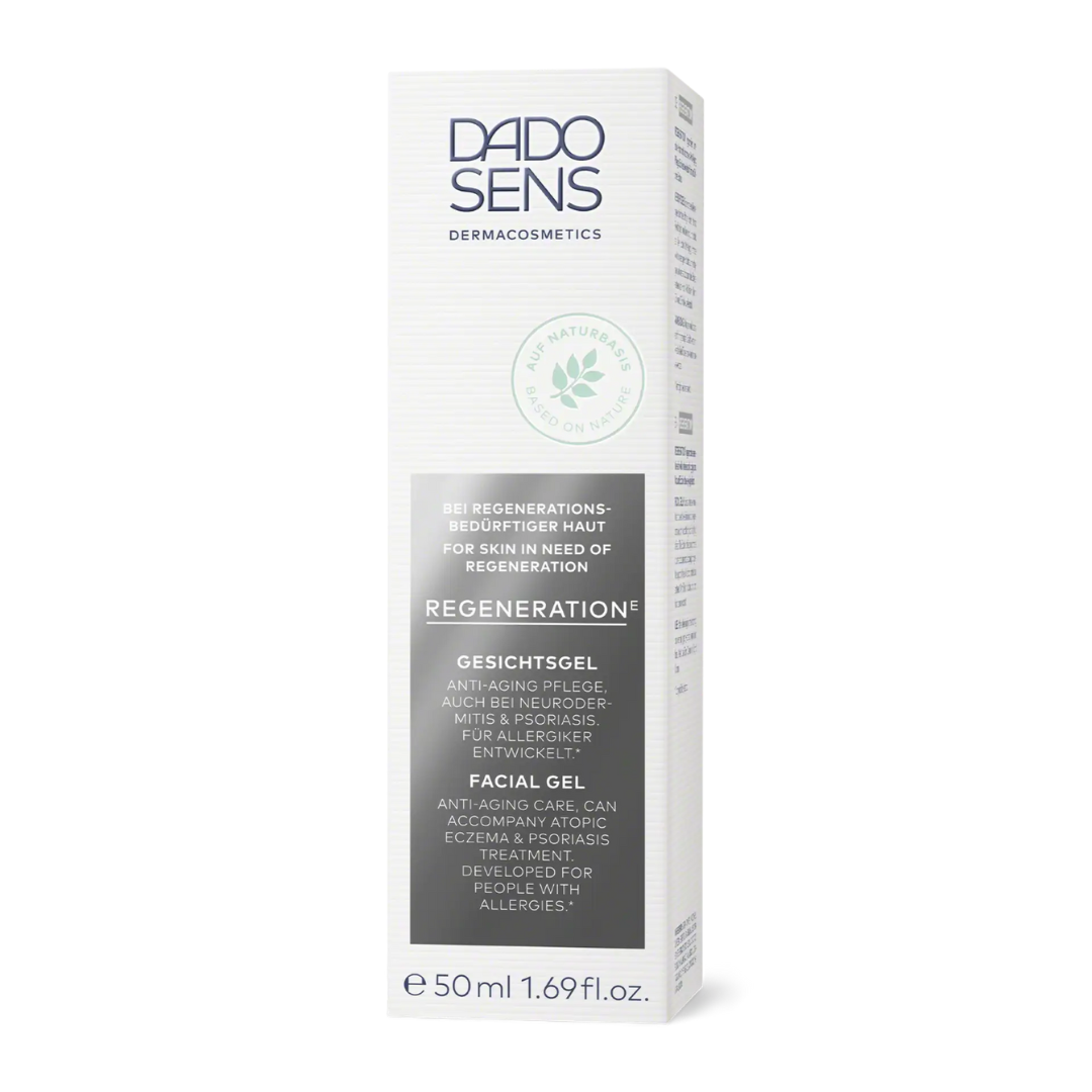 DADO SENS REGENERATION E Gesichtsgel 50 ml – Verpackungsvorderseite der Anti-Aging Pflege für empfindliche Haut