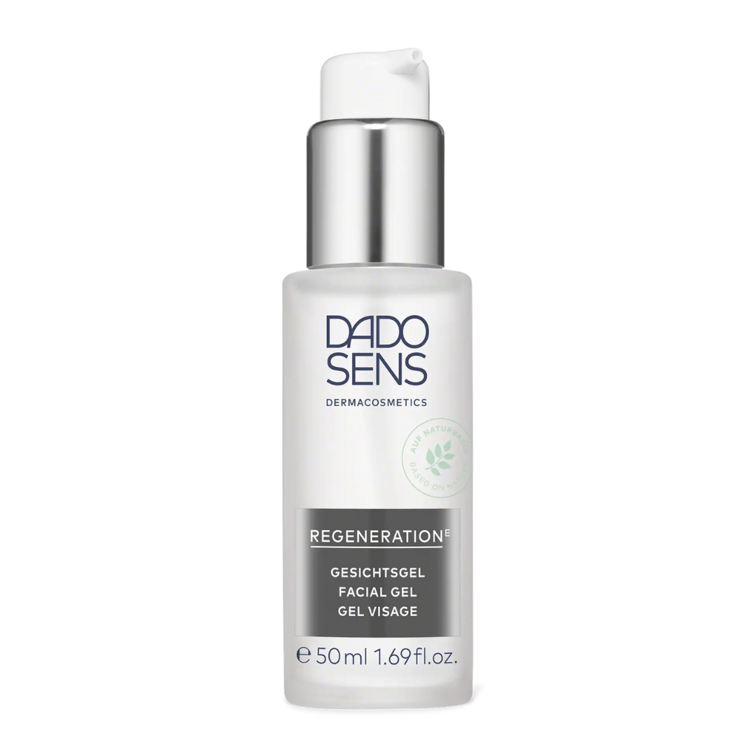 DADO SENS REGENERATION E Gesichtsgel 50 ml – Produktflasche mit silbernem Spender und klarer Beschriftung