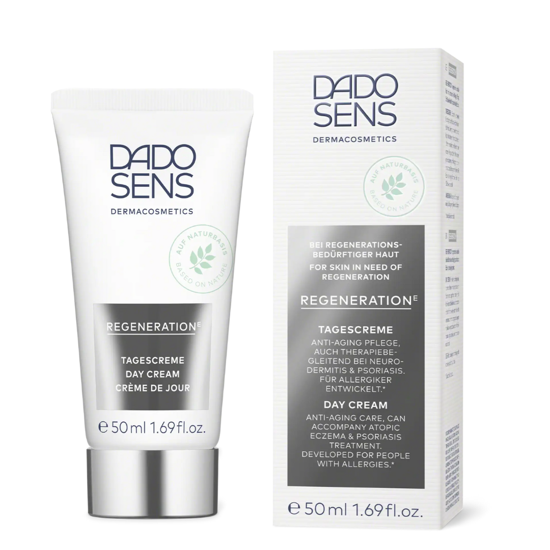 DADO SENS REGENERATION E Tagescreme 50 ml – Tube und Umverpackung der Anti-Aging Pflege bei Neurodermitis und Psoriasis