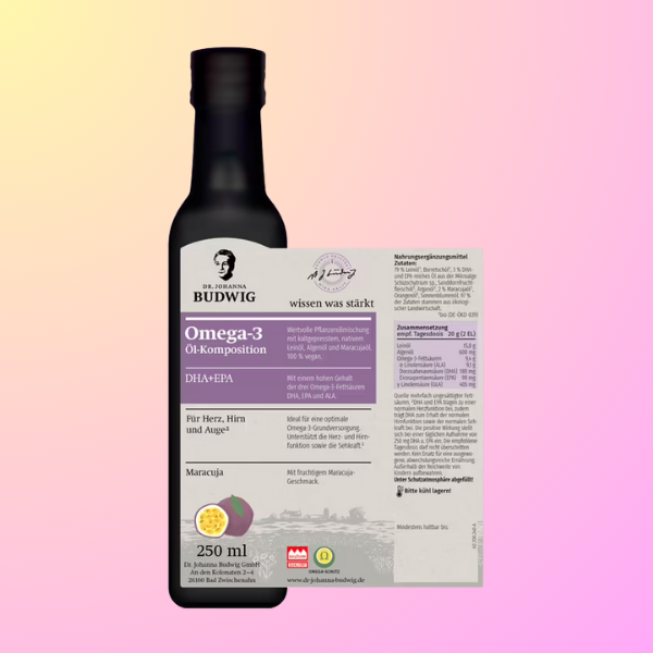 Omega 3 DHA + EPA Maracuja Ölkomposition 250ml Dr. Budwig
