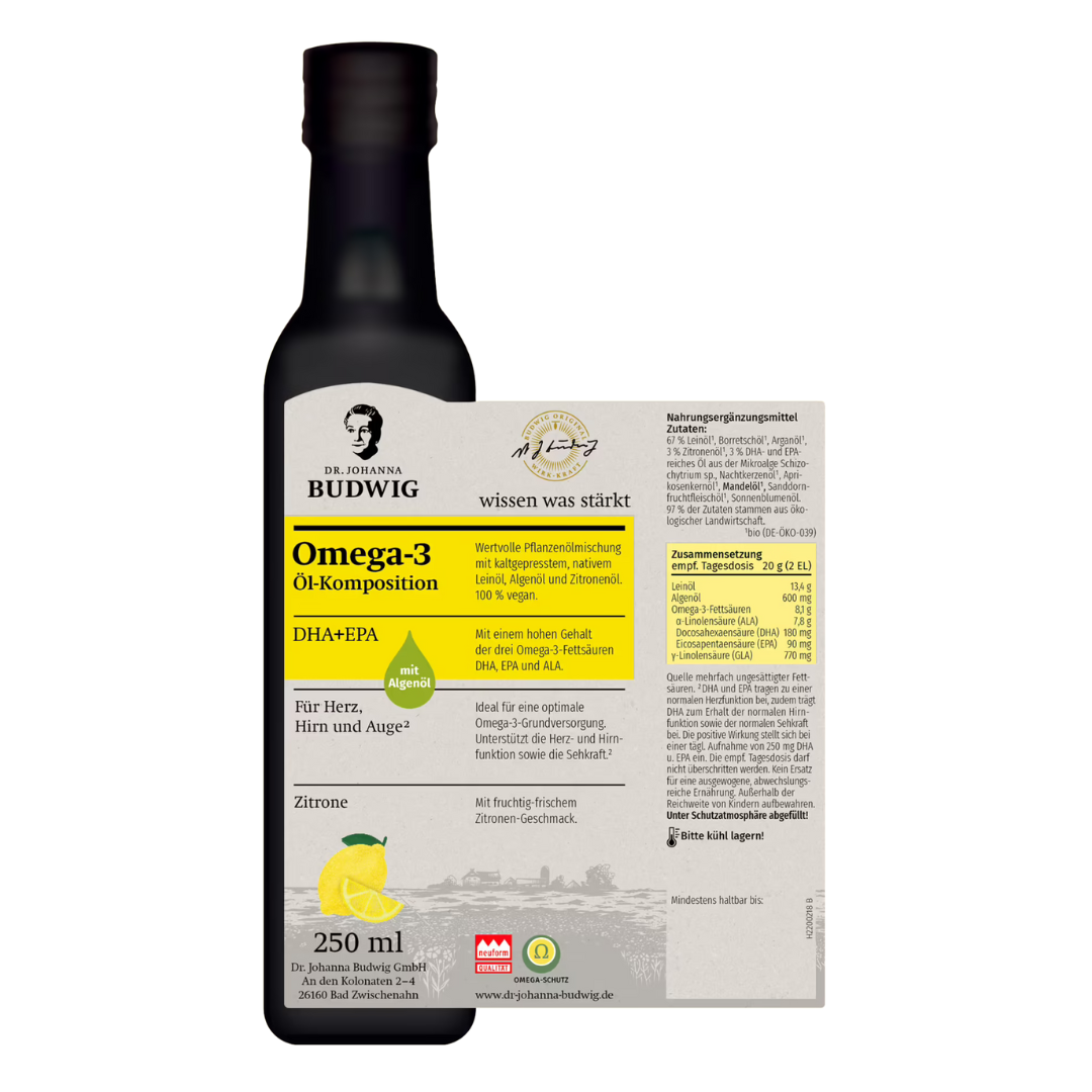 Omega 3 DHA + EPA Zitrone Ölkomposition 250ml Dr. Budwig