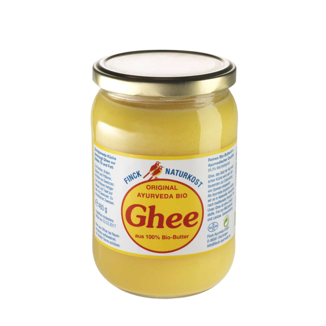 Finck Ayurveda Bio Ghee 480 g – hochwertiges Bio-Butterfett, laktosefrei und vielseitig einsetzbar für die gesunde Ernährung.