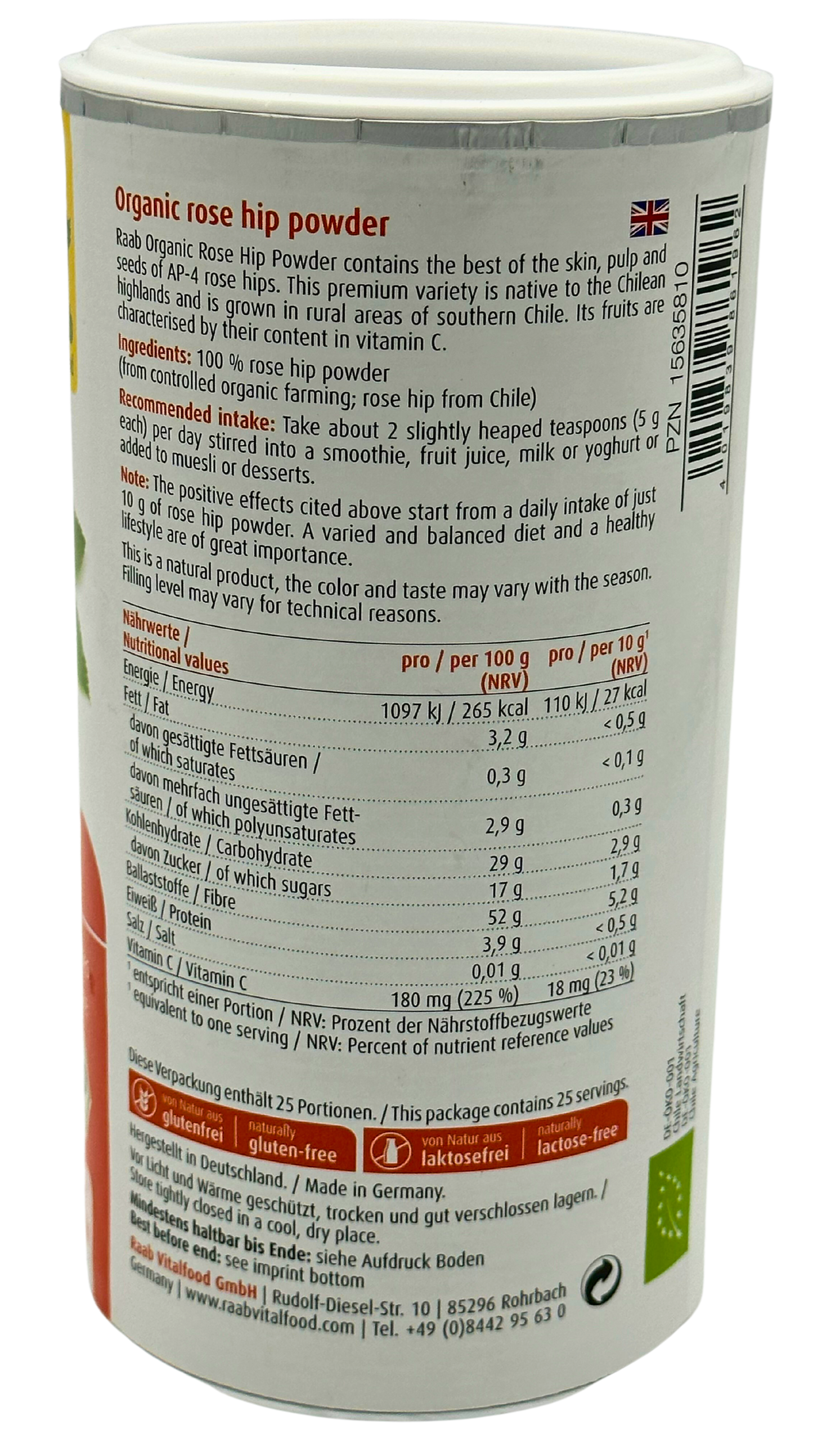 Raab BIO Hagebutten Pulver, 250g - Reich an Vitamin C und Lycopin