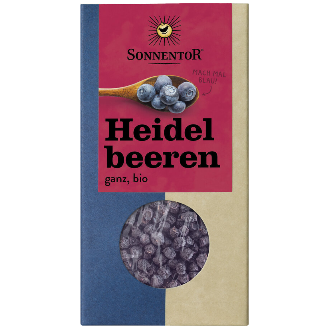 Sonnentor getrocknete Bio-Heidelbeeren ganz in nachhaltiger Verpackung – aromatisch, fruchtig und naturbelassen