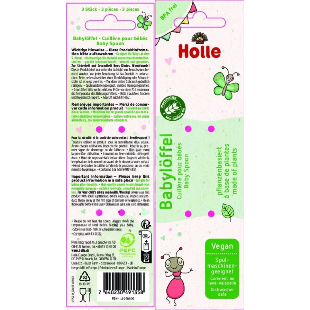 Verpackungsrückseite Holle Babylöffel – Sicherheitshinweise und Produktdetails im Überblick.
