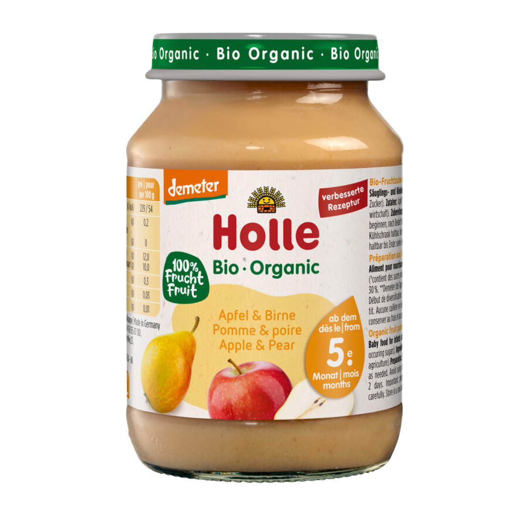 Holle Bio-Babygläschen Apfel & Birne – 190 g Glas mit 100 % Frucht – ab dem 5. Monat – Demeter-Qualität