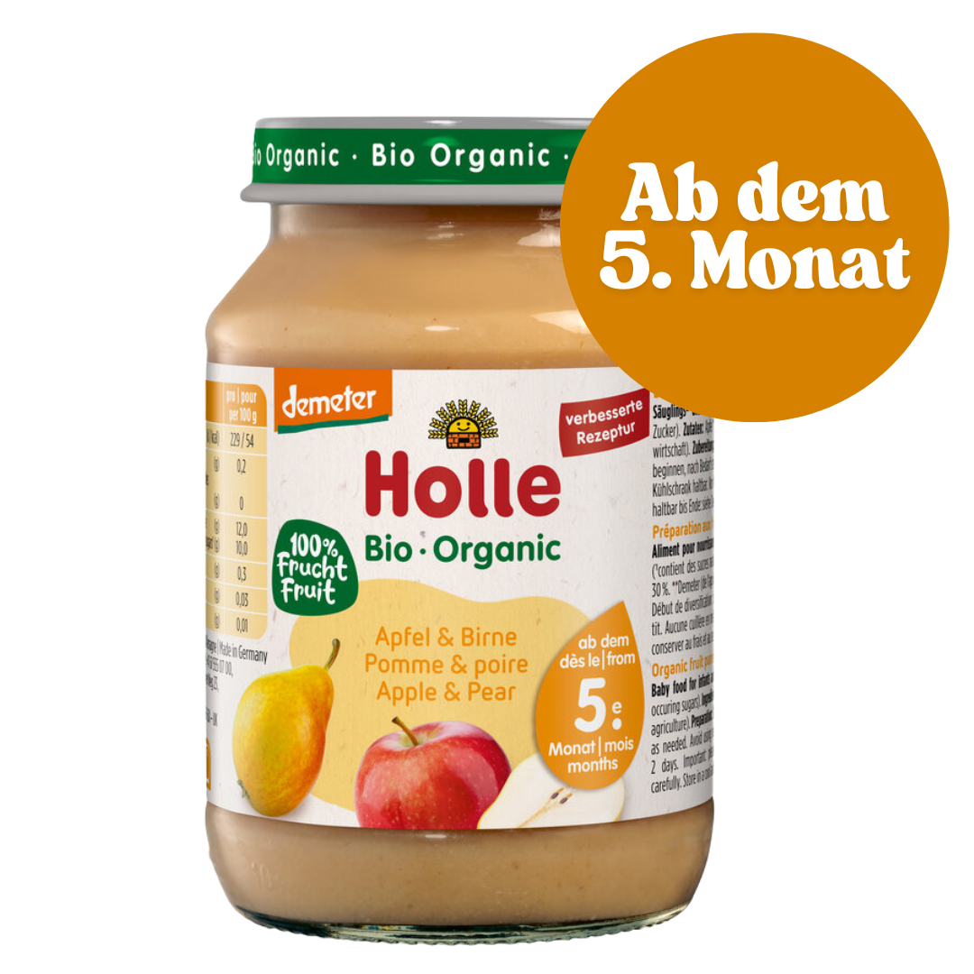 Holle Babybrei Apfel & Birne – Bio-Fruchtzubereitung im 190 g Glas – ab dem 5. Monat geeignet