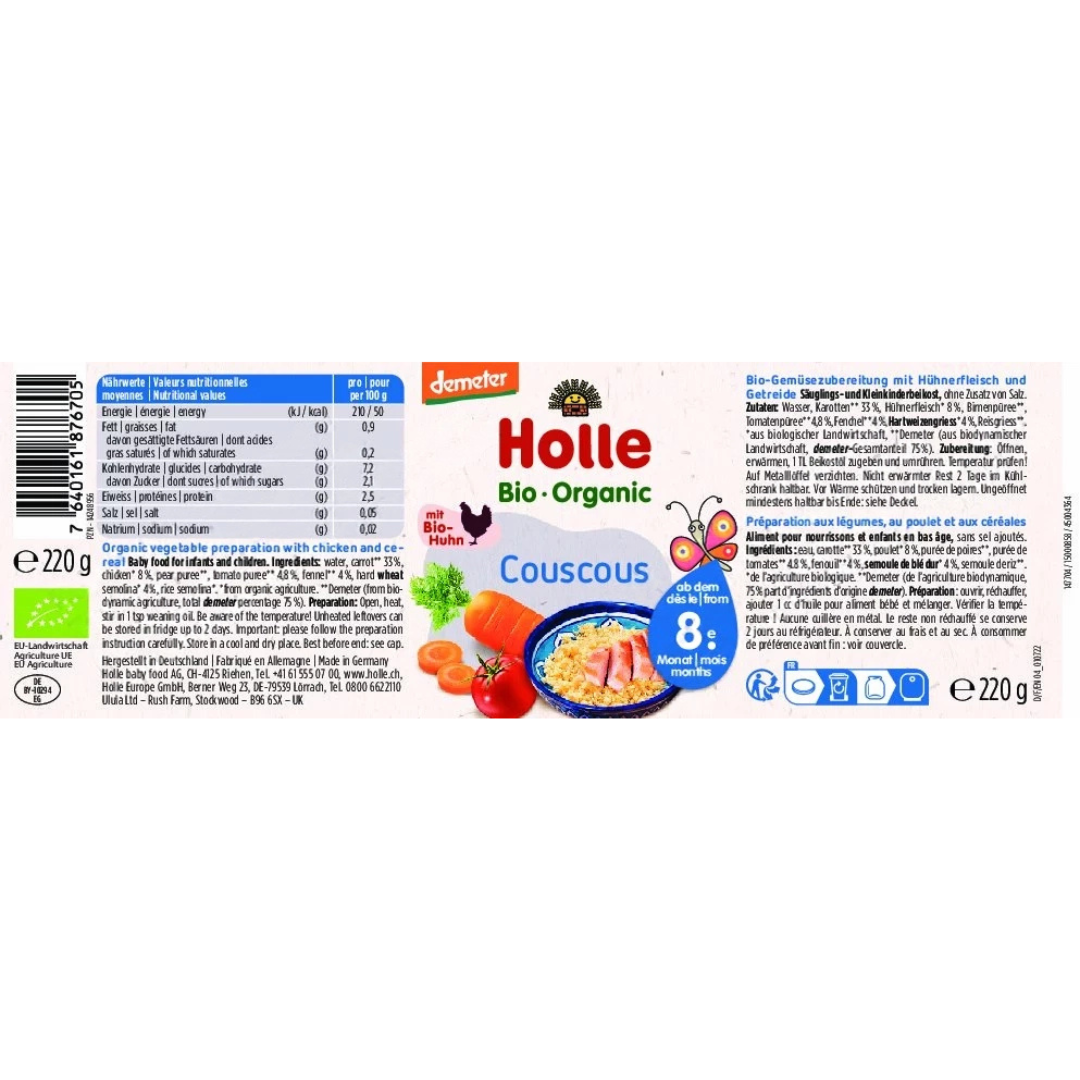 Zutatenliste und Nährwerte des Holle Bio-Couscous Gläschens mit Demeter-Huhn – ab dem 8. Monat