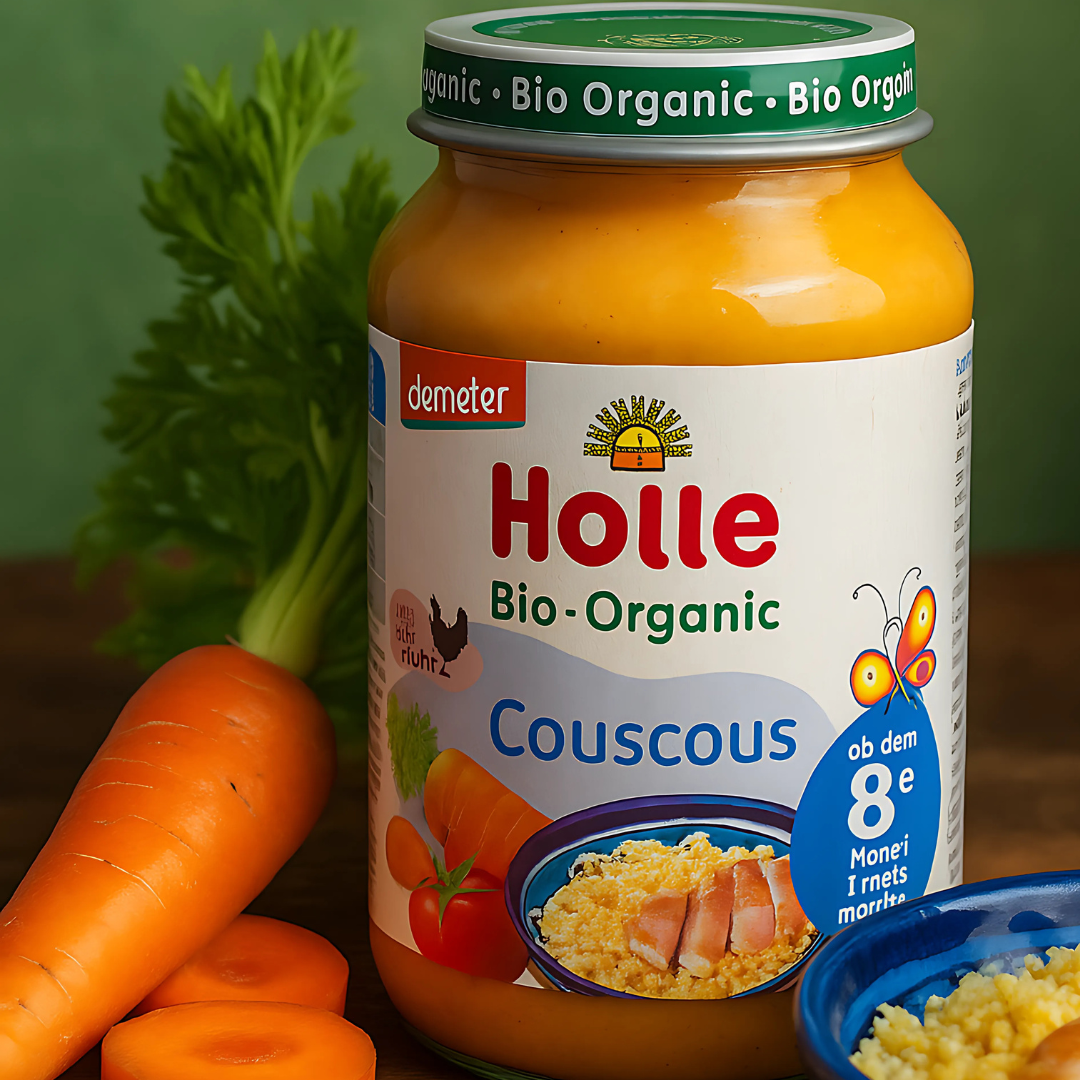 Holle Bio-Couscous Babygläschen im Moodbild mit Karotte, Tomate und Schüssel Couscous – Demeter-Qualität für Babys