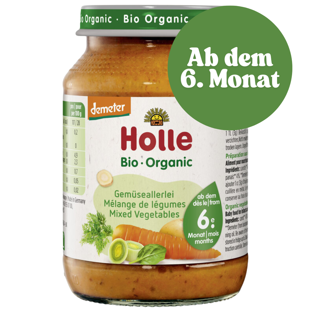 Holle Gemüseallerlei Babygläschen mit Aufdruck „Ab dem 6. Monat“ – Bio-Beikost mit Karotte, Lauch und Kartoffel