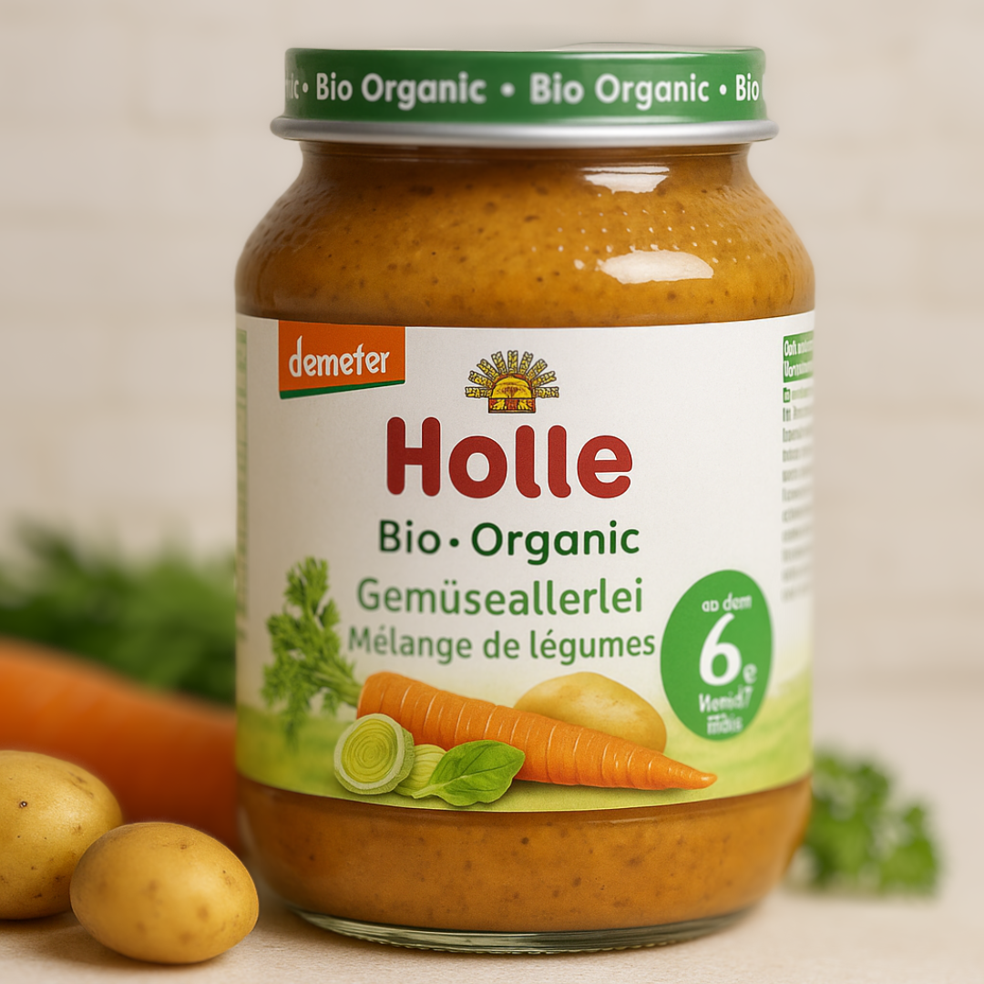 Holle Bio-Gemüseallerlei im Moodbild mit frischem Demeter-Gemüse – Babygläschen ab dem 6. Monat